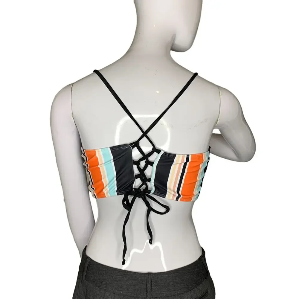 Romwe Striped Bikini Top Size L Multicolor Crisscross and Tie Back